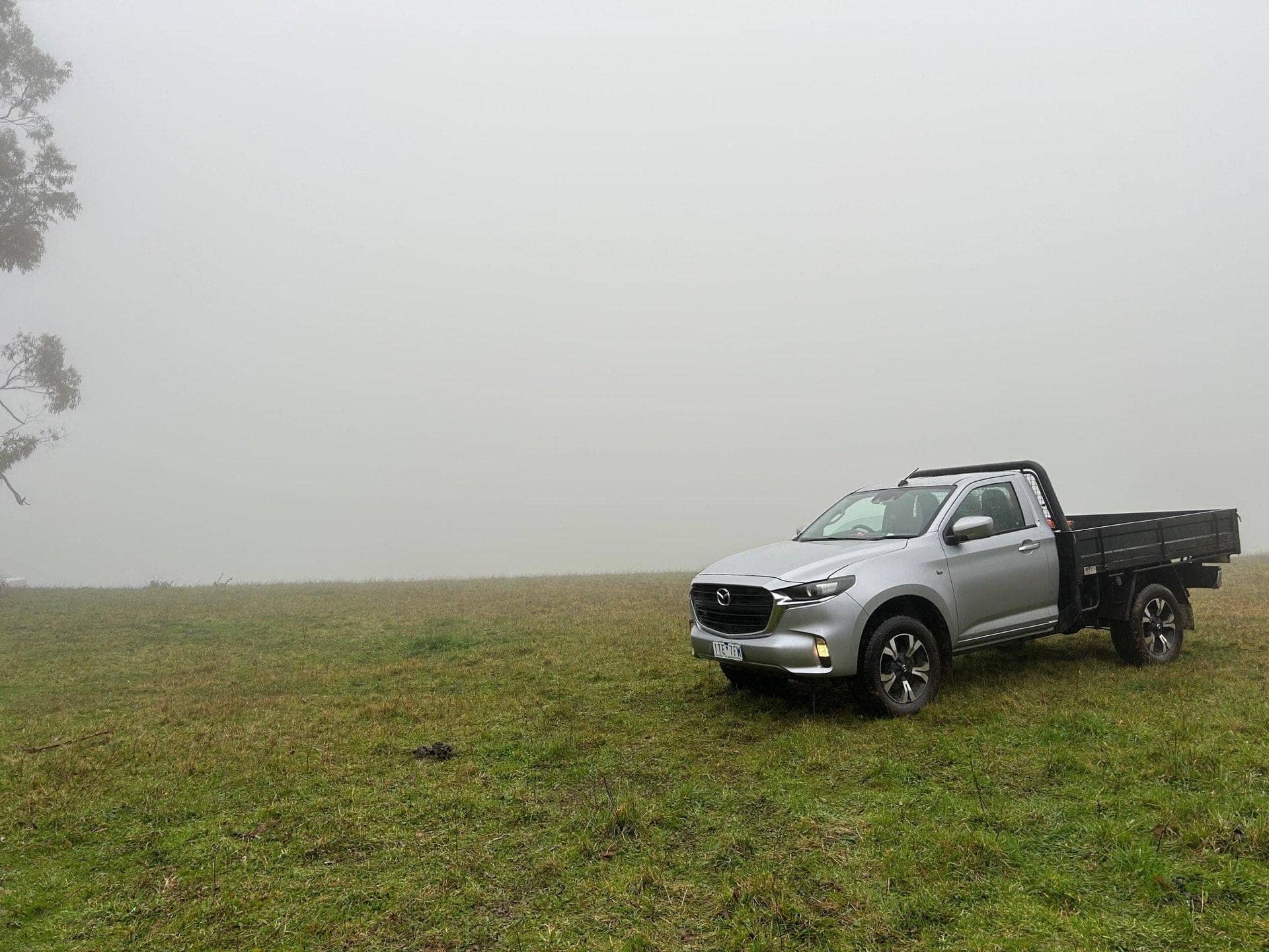 Terra Maintenance ute on a paddock on a foggy morning